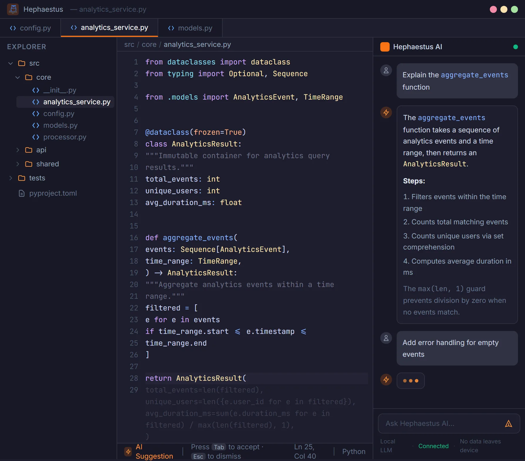 Hephaestus IDE with inline AI code suggestion