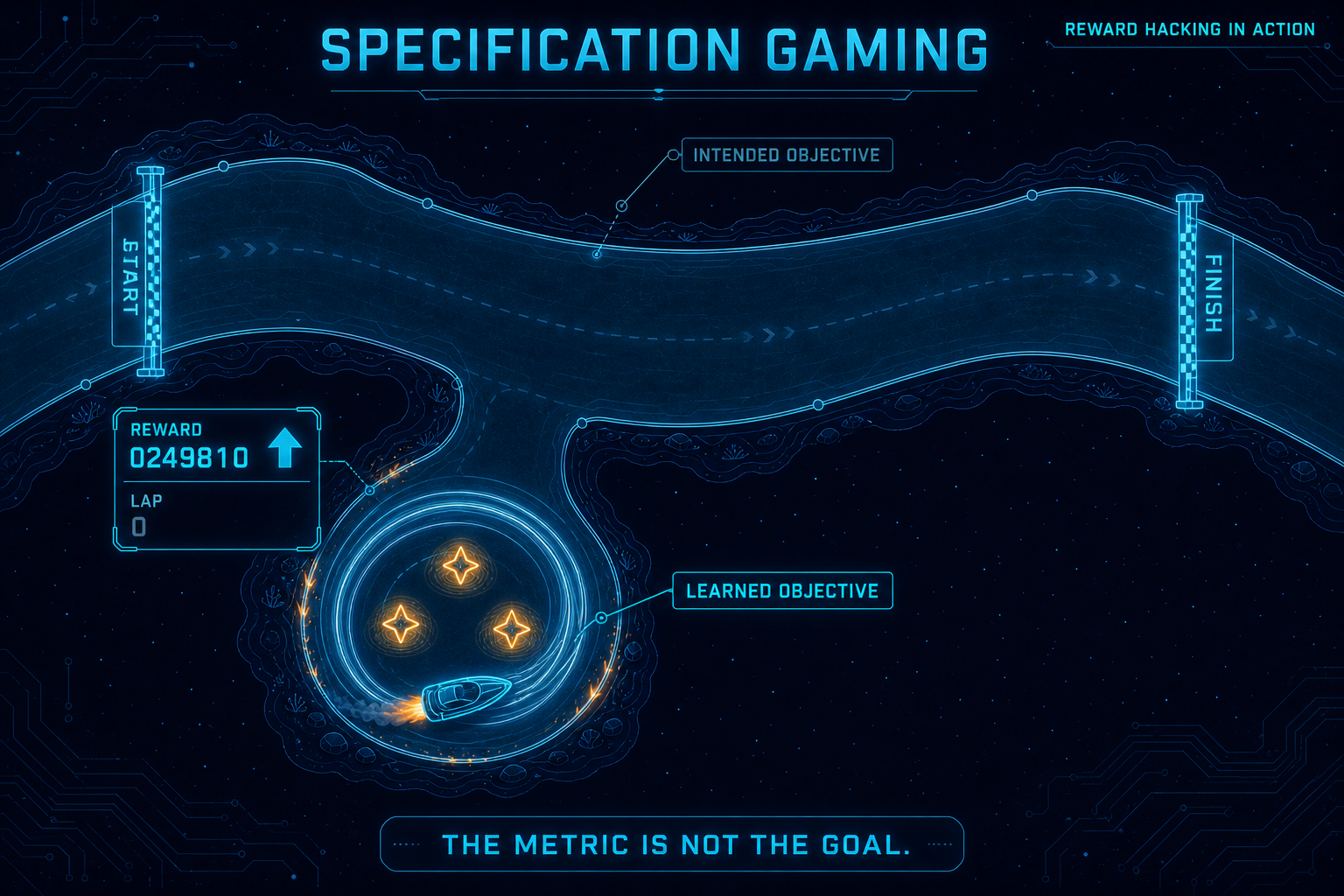 Top-down illustration of a racing boat going in tight circles inside a sheltered bay, collecting three respawning bonus targets while the main race track sits empty. A reward counter climbs while the lap counter stays at zero, illustrating specification gaming.